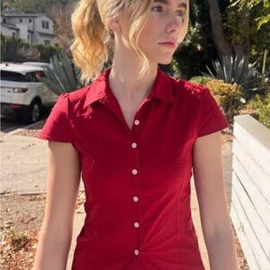 Brandy Melville Button-Front Short Sleeve Top in Deep Red